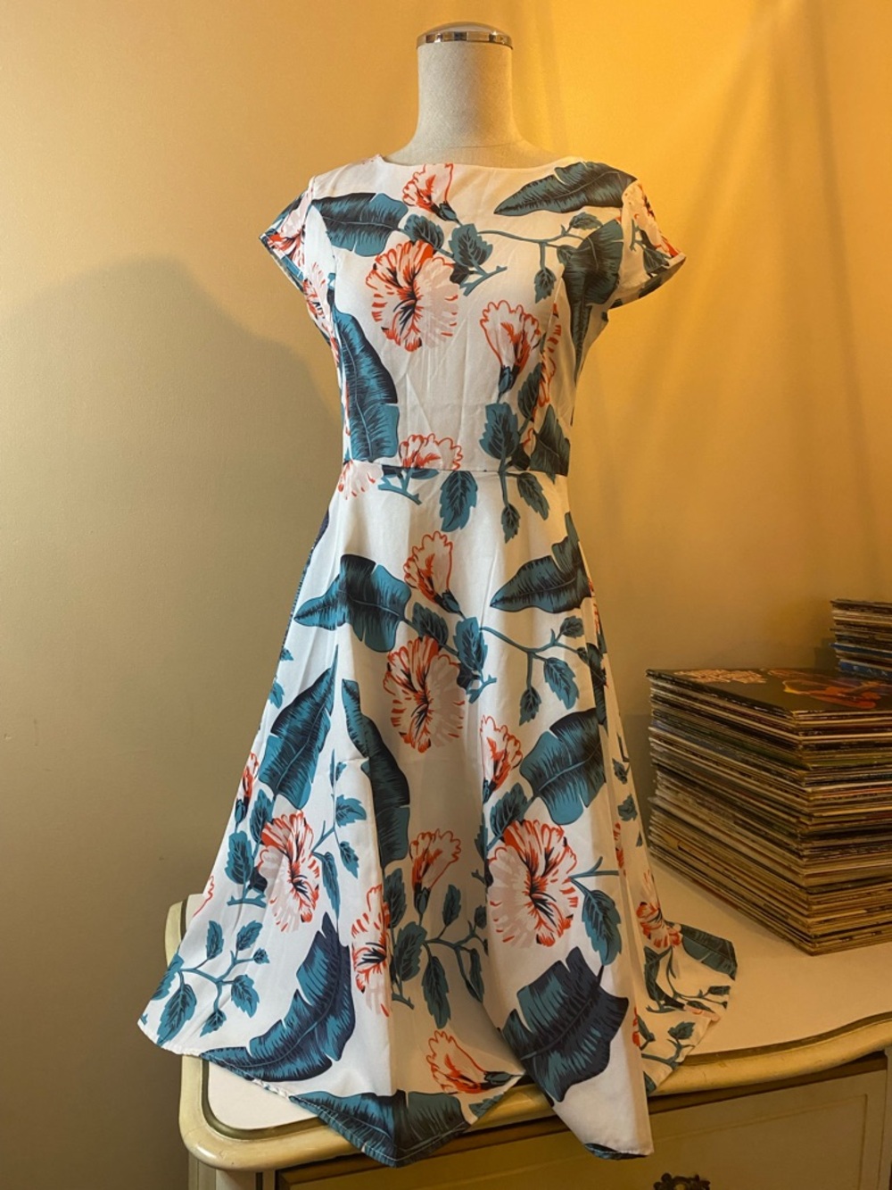 White Midi Dress with Teal Leaves and Coral Flowers leaves 🍃